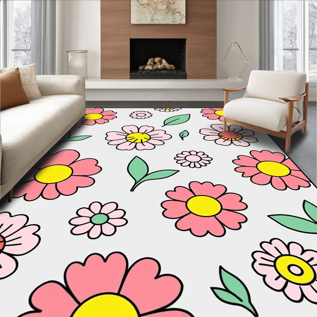 Retro Pink Daisy Floral Garden Rug