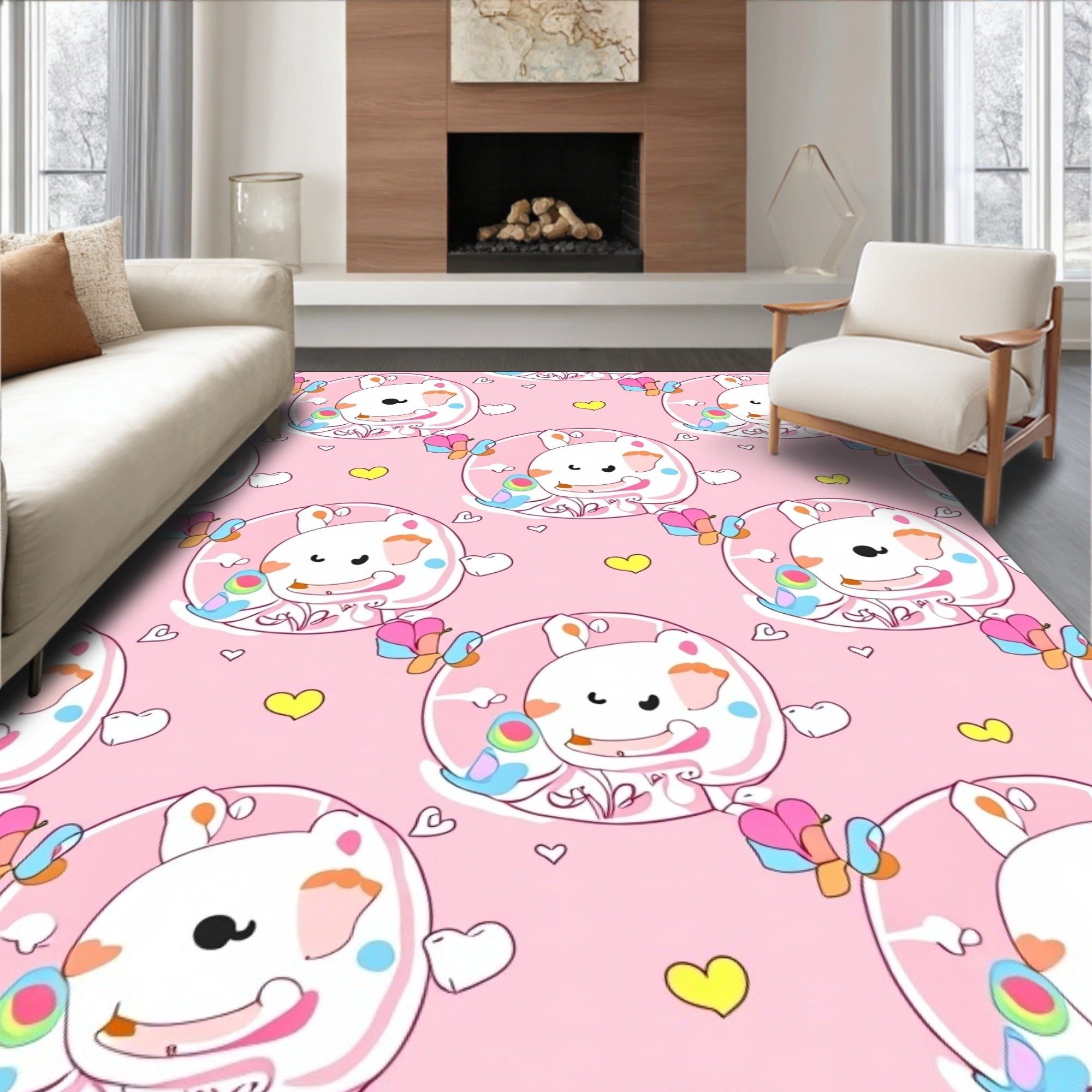 Cute Pink Bear Butterfly Hearts Rug
