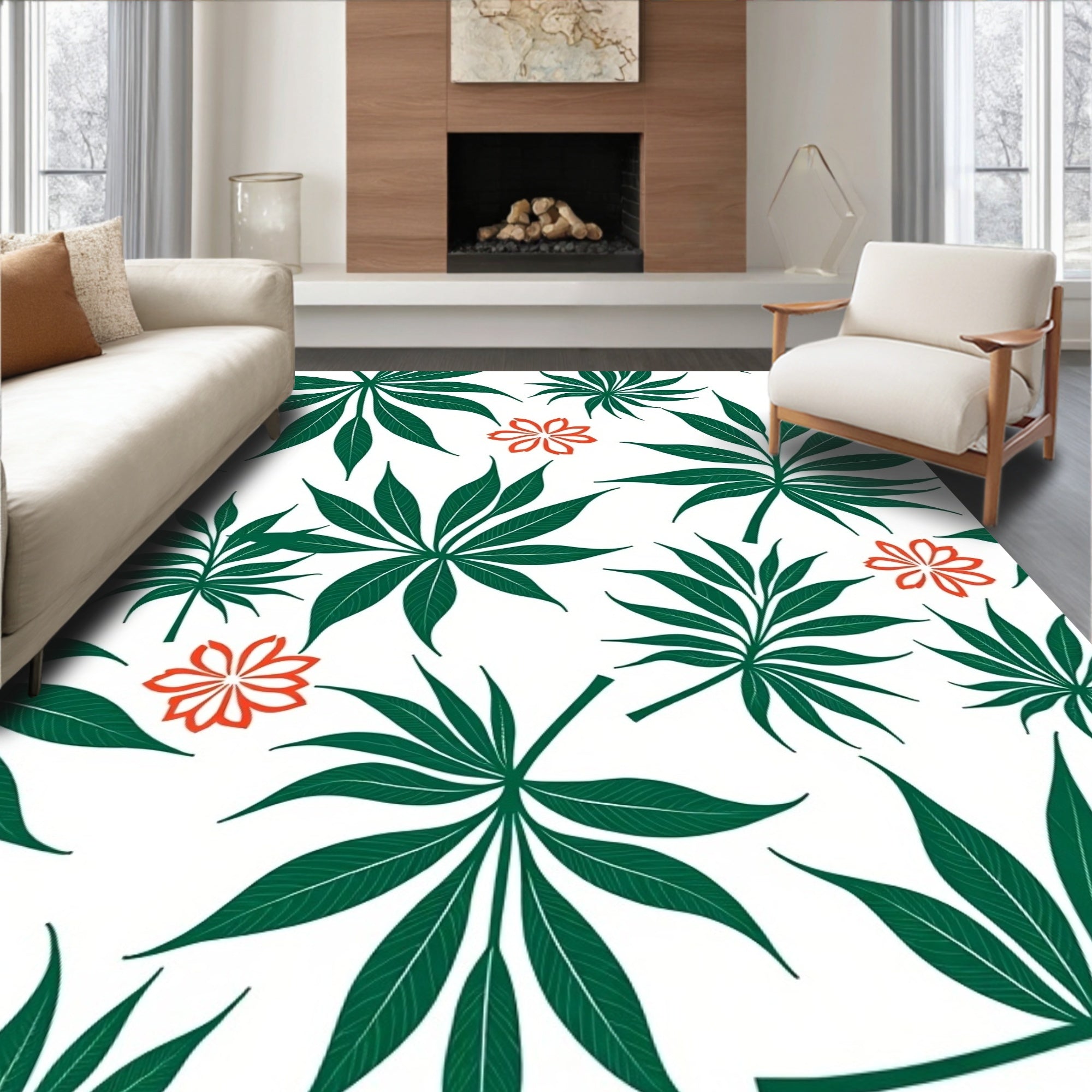 Emerald Green Palm Leaves Coral Bloom Rug