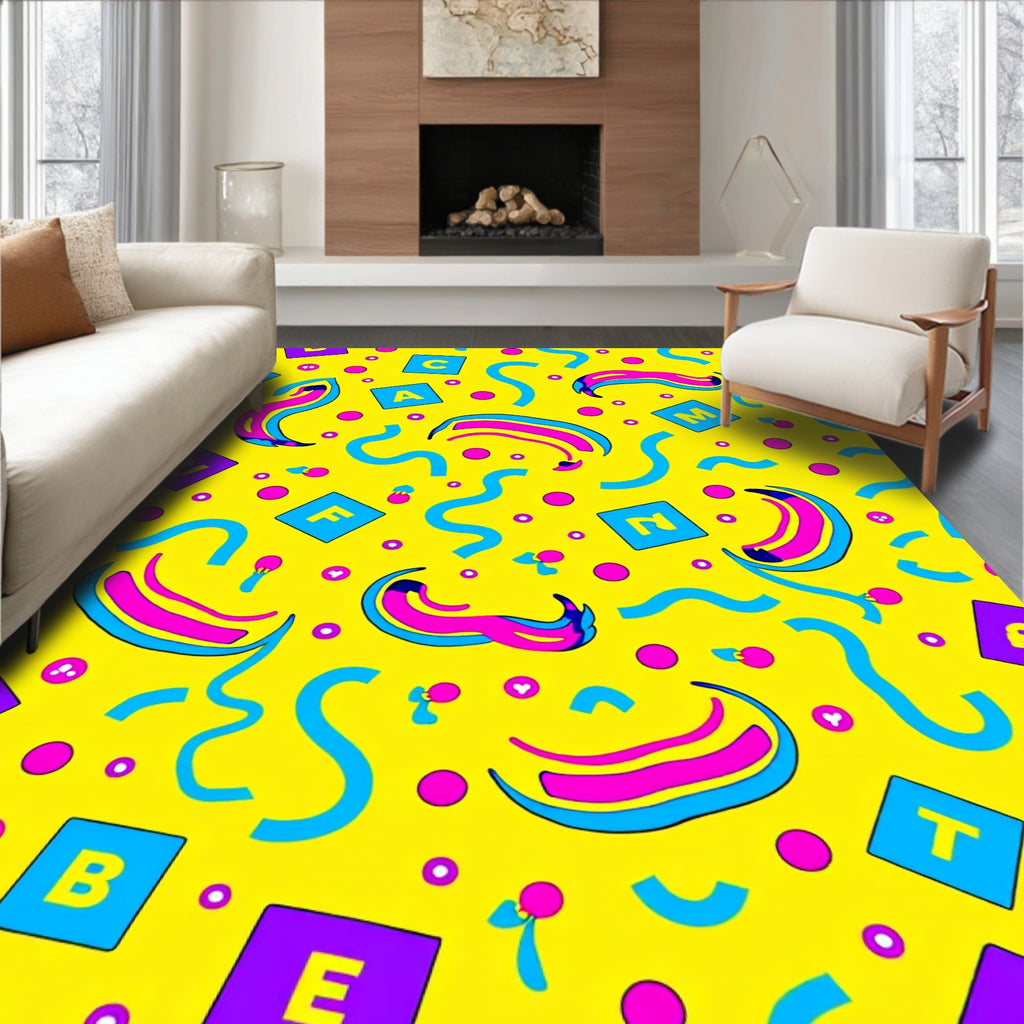 Bright Yellow Playful Alphabet Curvy Rug