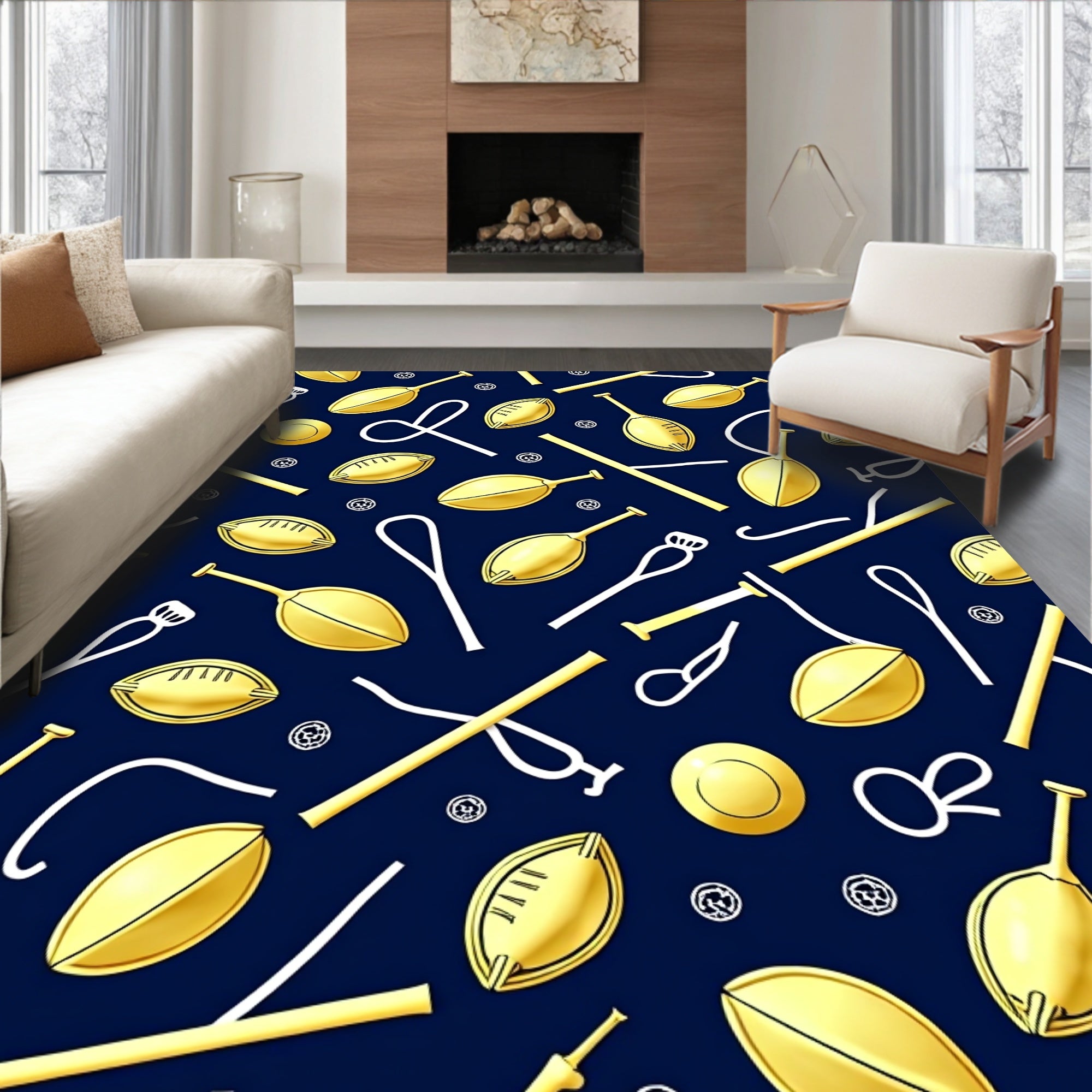Golden Oval Shapes on Navy Background Rug