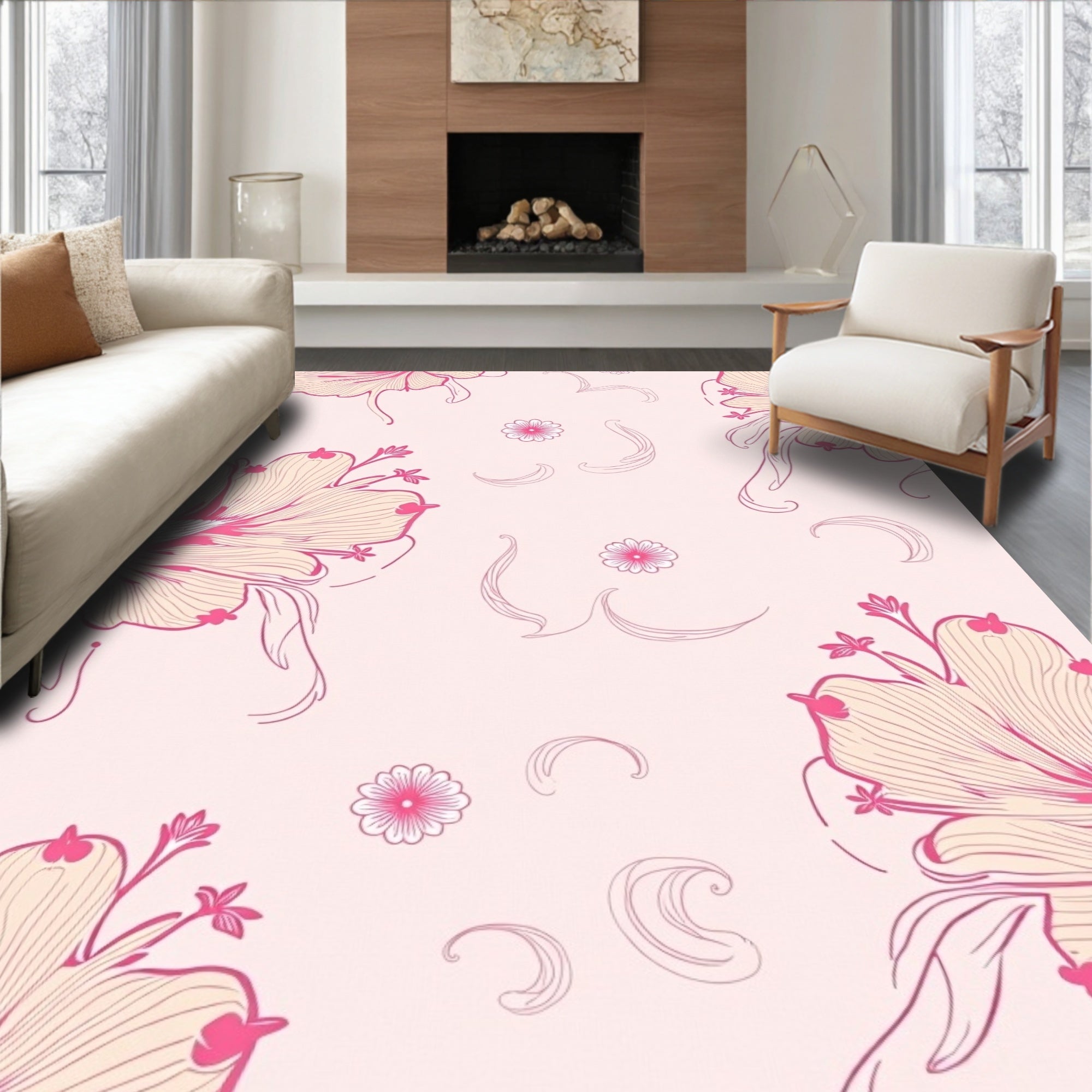 Pink Floral Line Art Rug