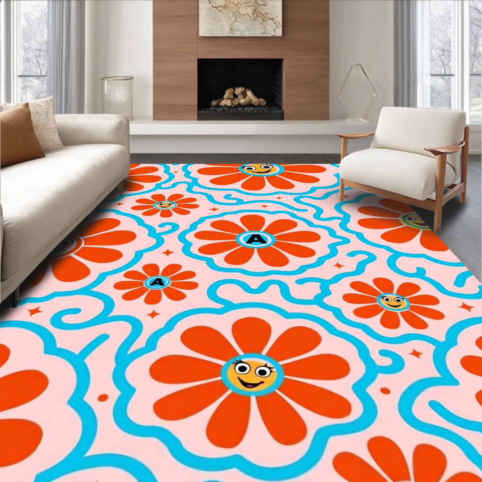 Groovy Orange Flowers with Smiling Faces Rug