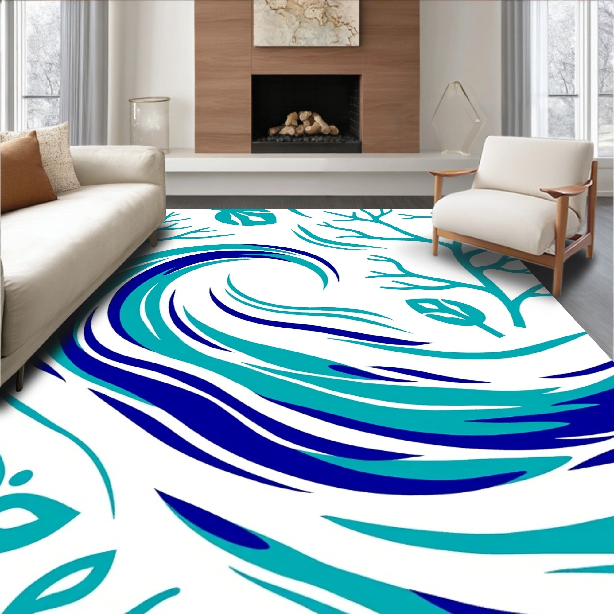 Aqua Navy Ocean Wave Foliage Rug