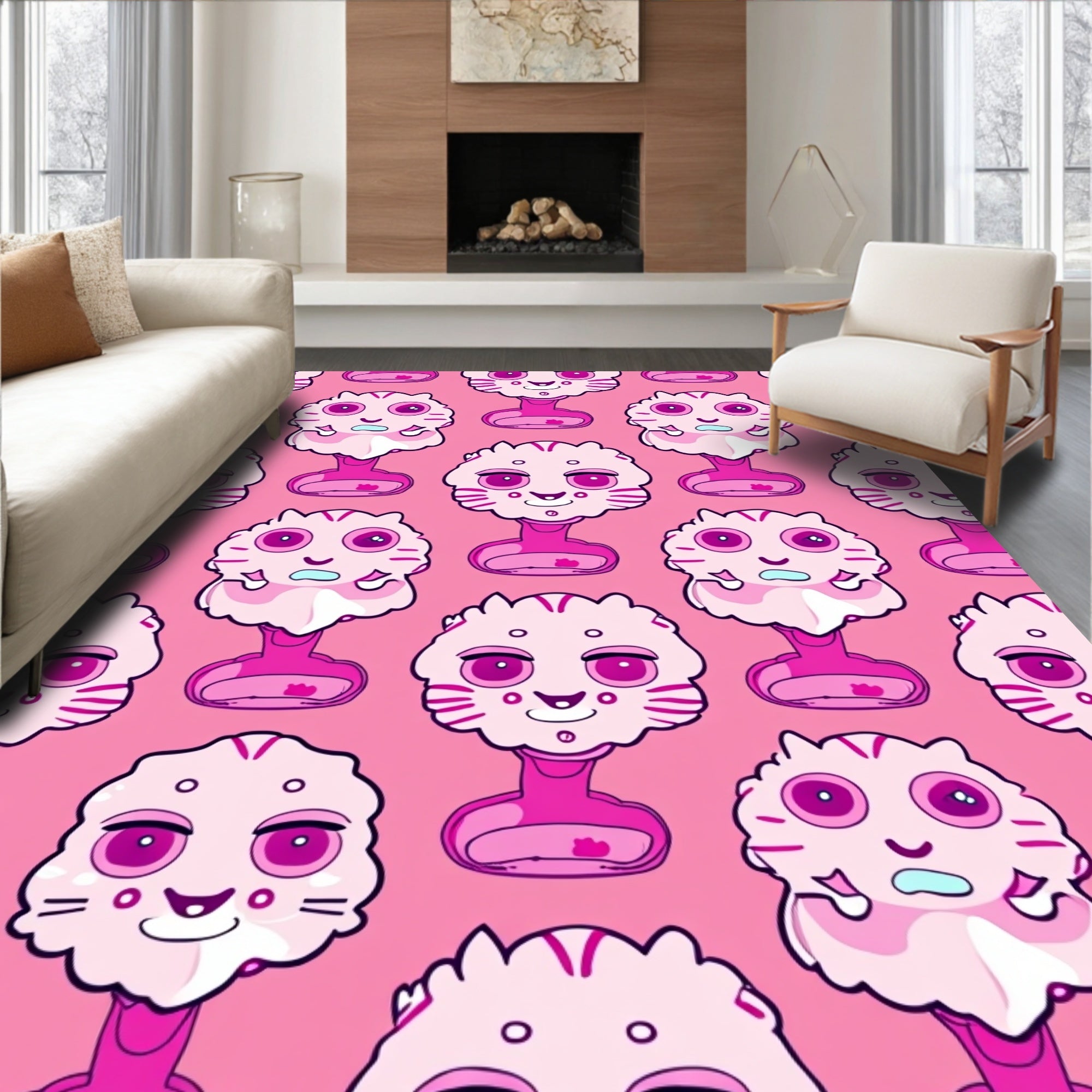 Playful Pink Cat Monster Characters Rug