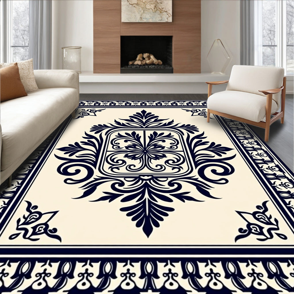 Deep Navy Cream Damask Medallion Rug