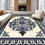 Deep Navy Cream Damask Medallion Rug