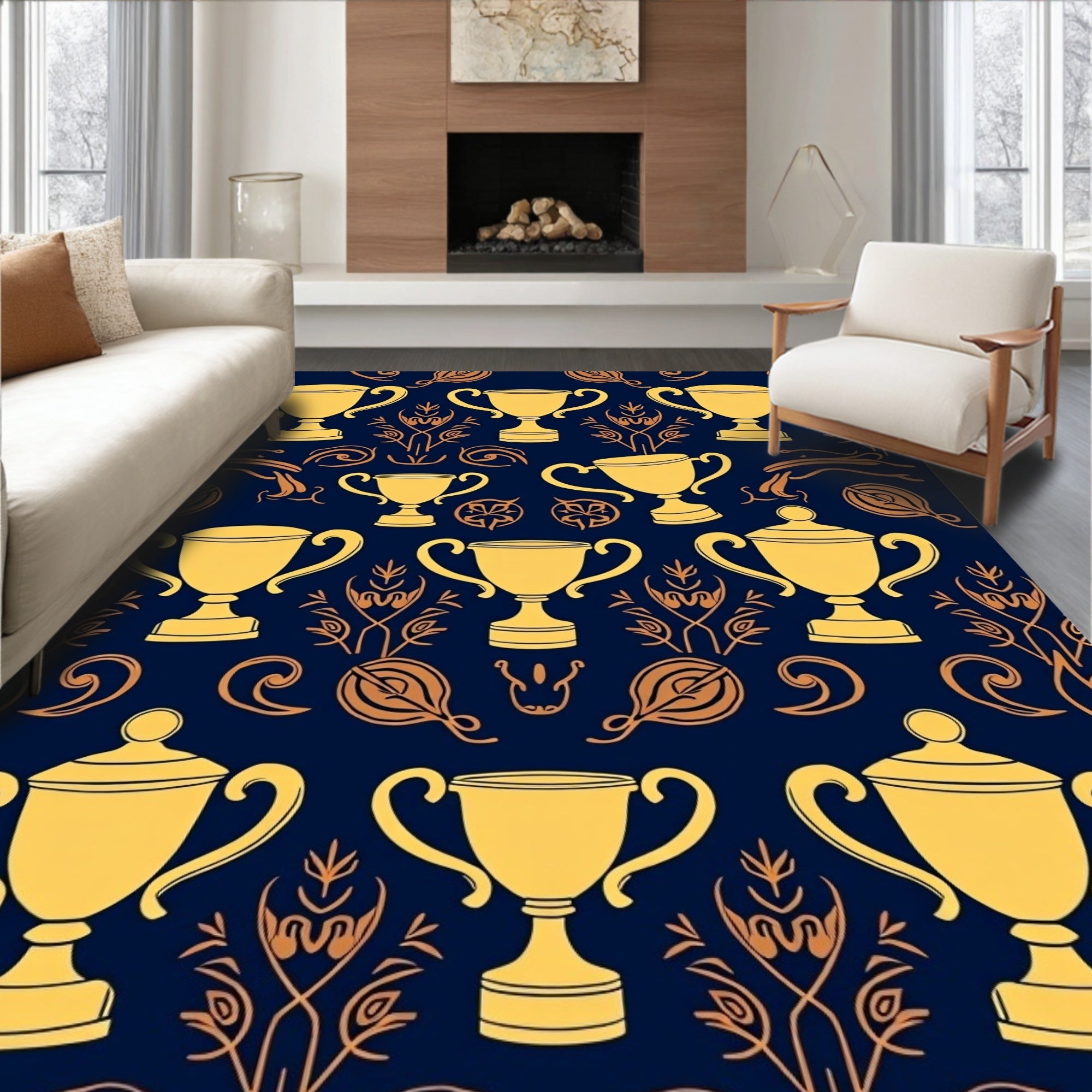 Golden Trophies Navy Blue Wallpaper Rug