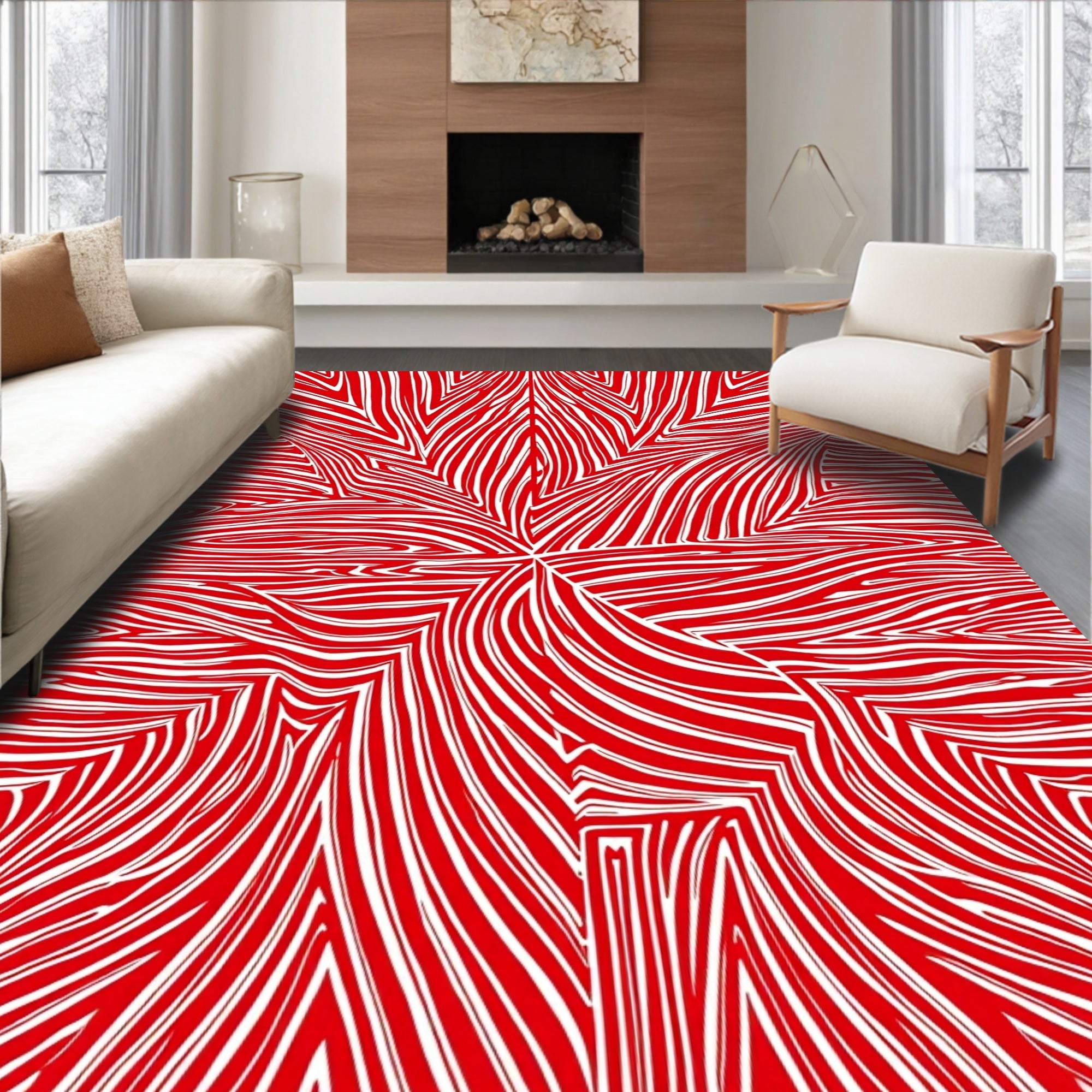 Crimson White Abstract Flow Rug