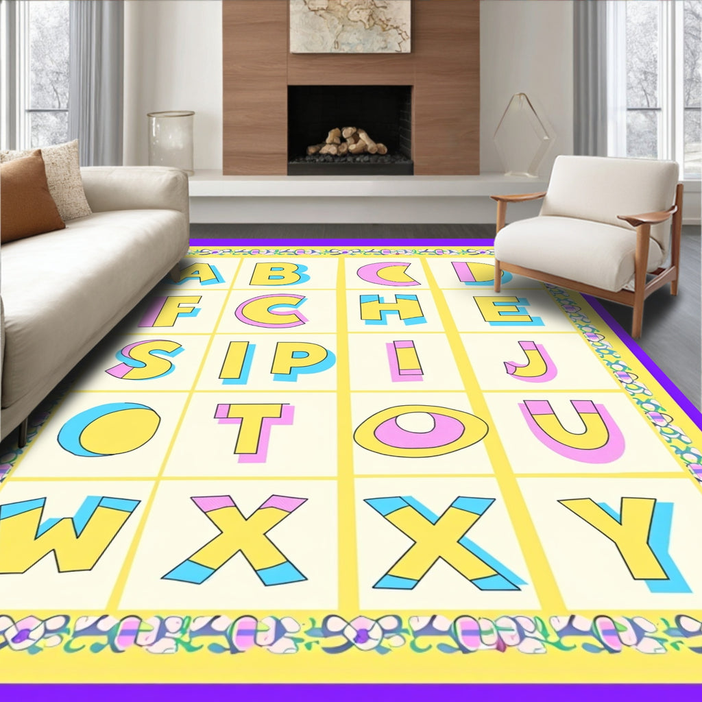 Alphabet Border Colorful Retro Art Rug