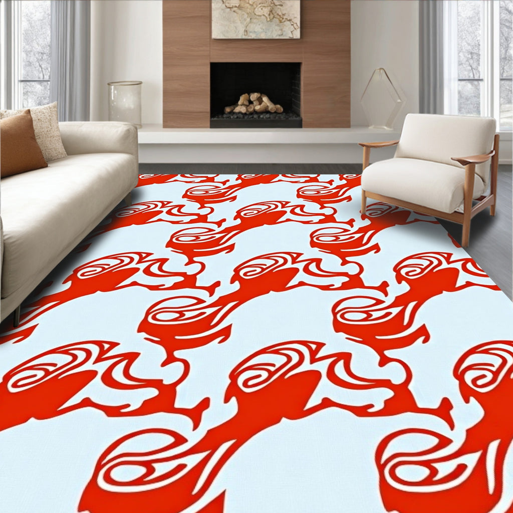 Vibrant Red Stylized Abstract Forms Rug
