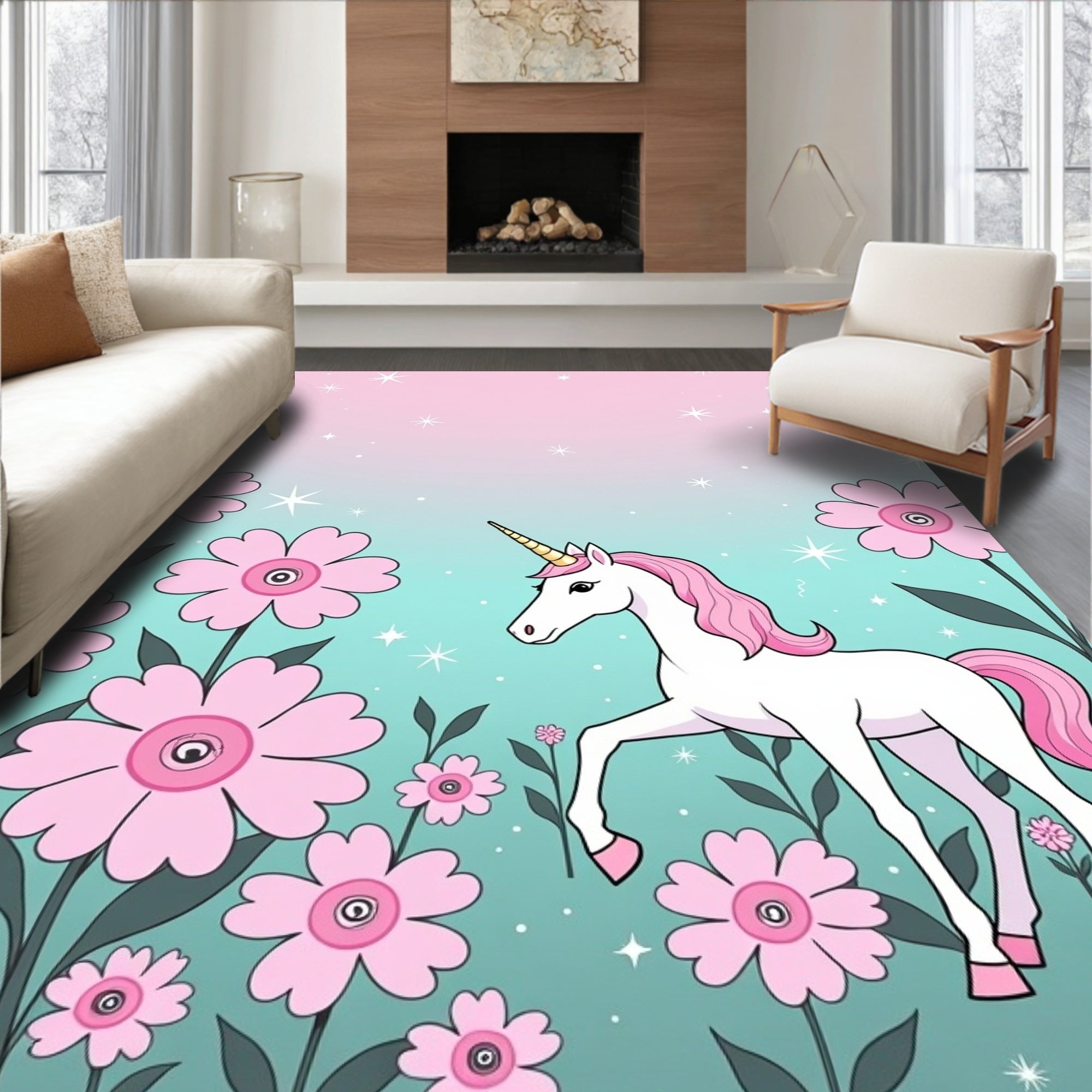 Magical Unicorn Pink Floral Garden Rug