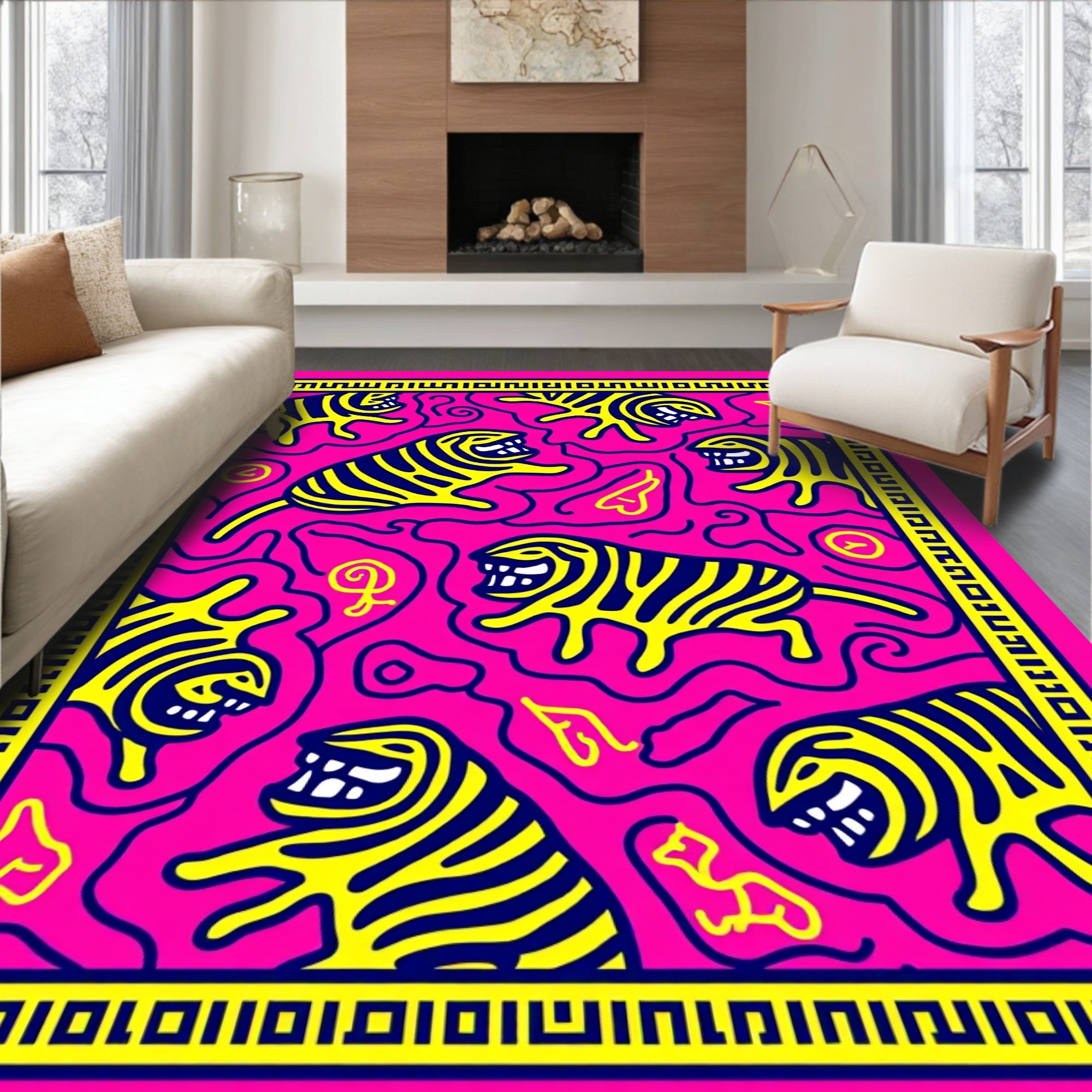 Vibrant Yellow Tiger Pink Maze Rug