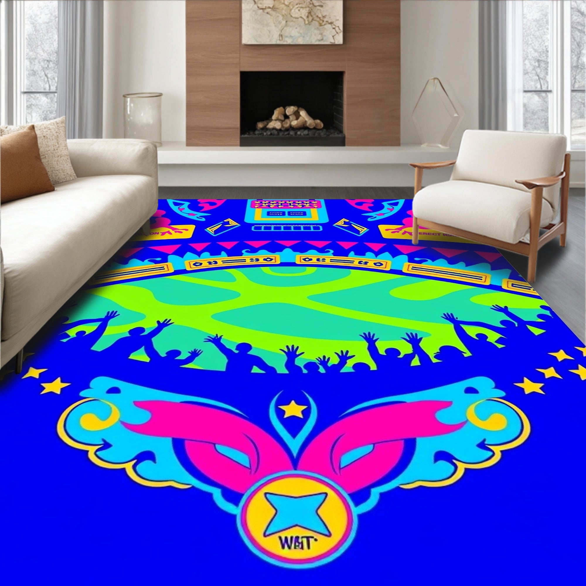 Vibrant Blue Psychedelic Crowd Celebration Rug