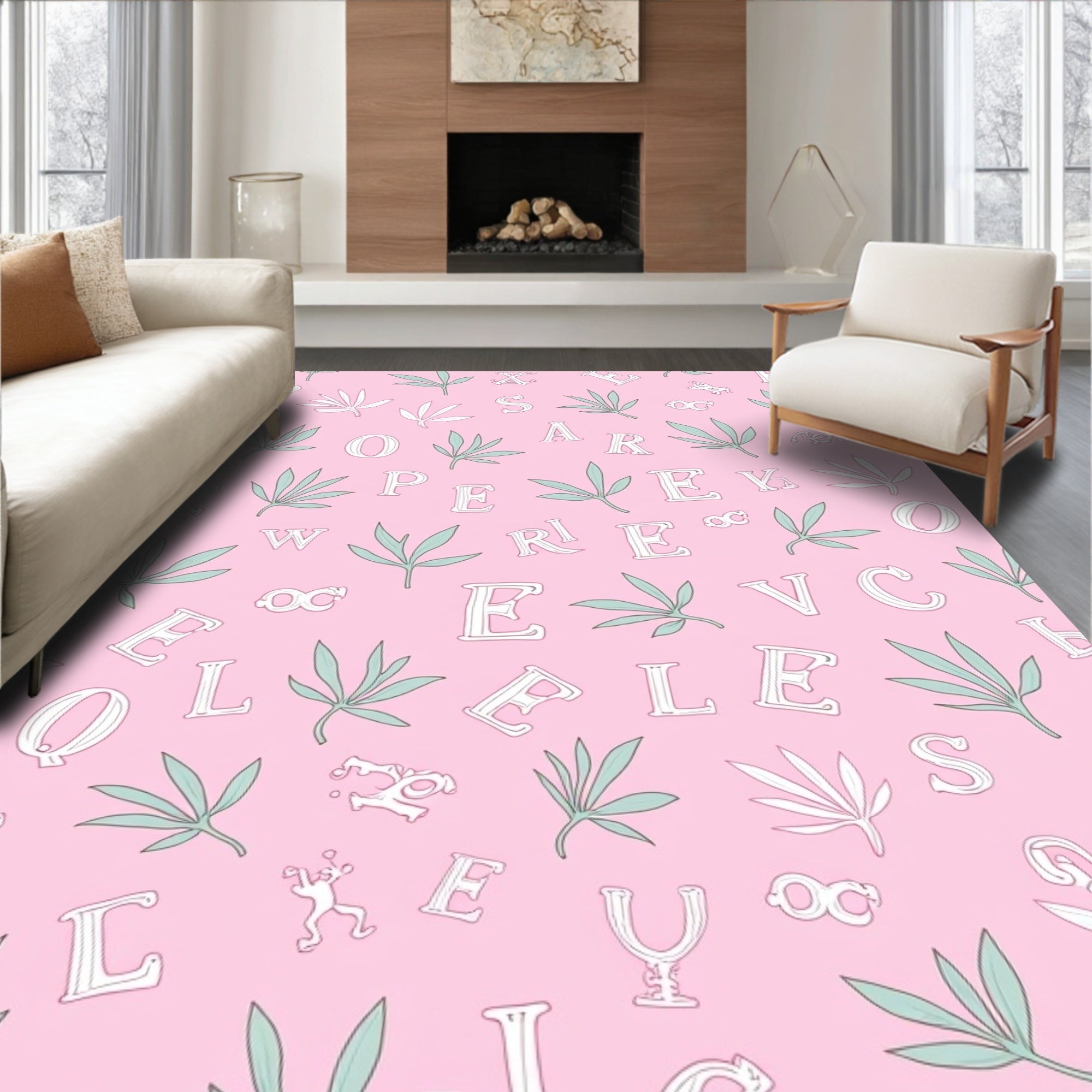 Pink Botanical Alphabet Collage Rug