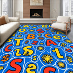 Playful alphabet and sunbursts blue Rug