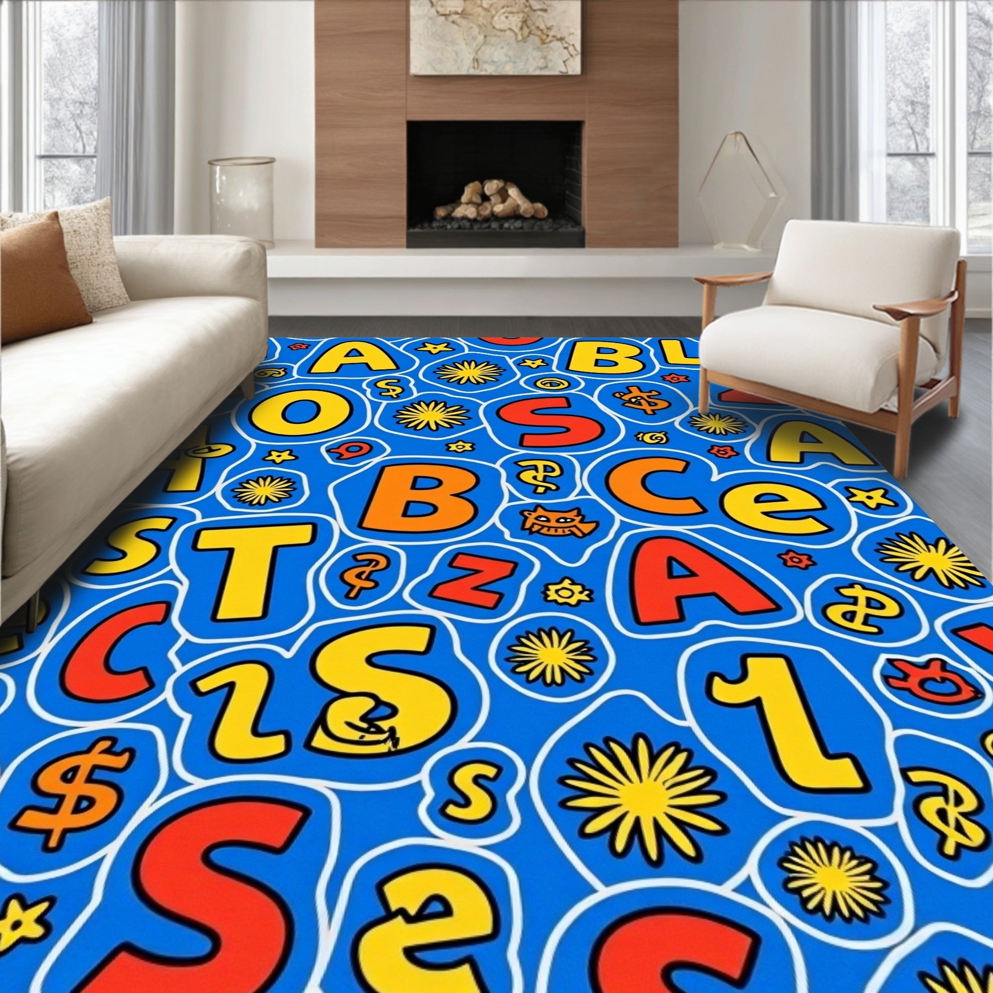 Playful alphabet and sunbursts blue Rug