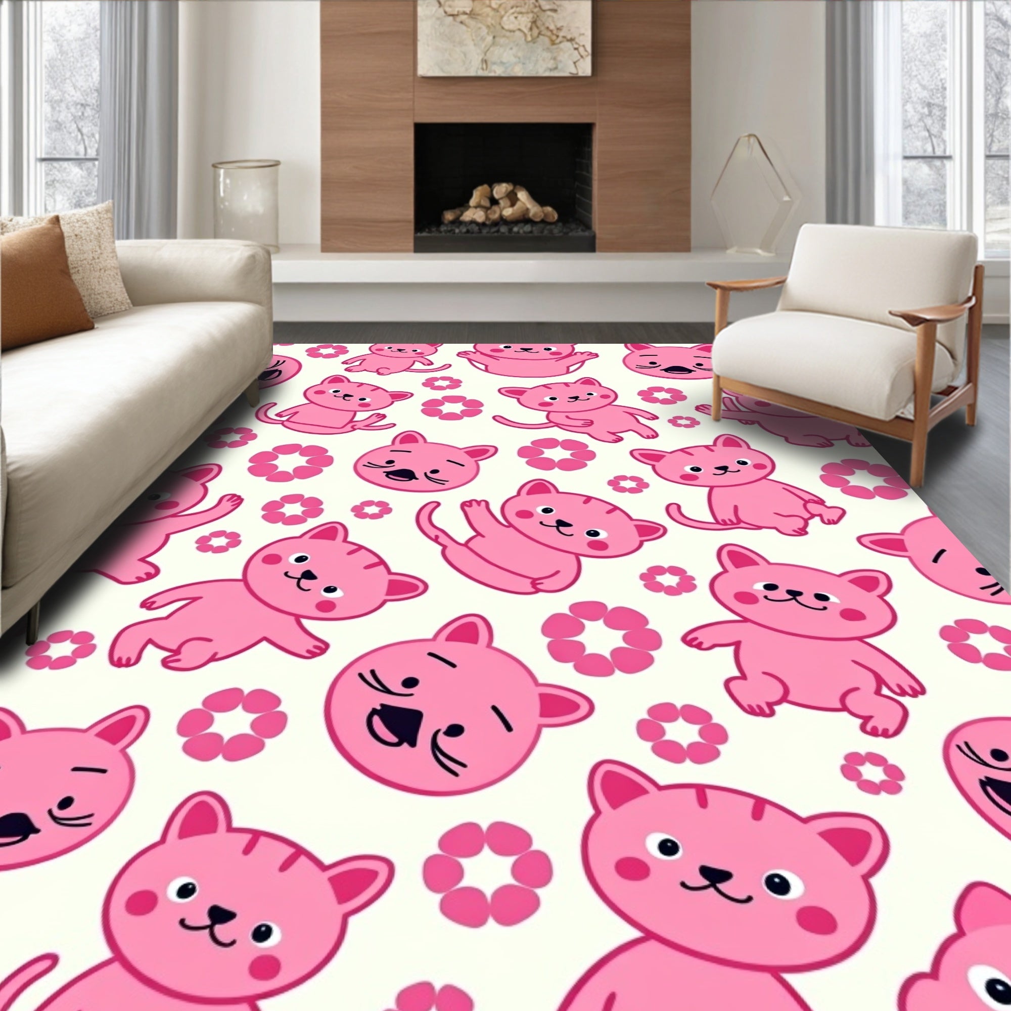 Playful Pink Kittens Flower Arrangement Rug