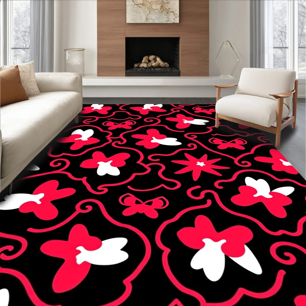 Whimsical Red Floral Butterfly Swirl Rug