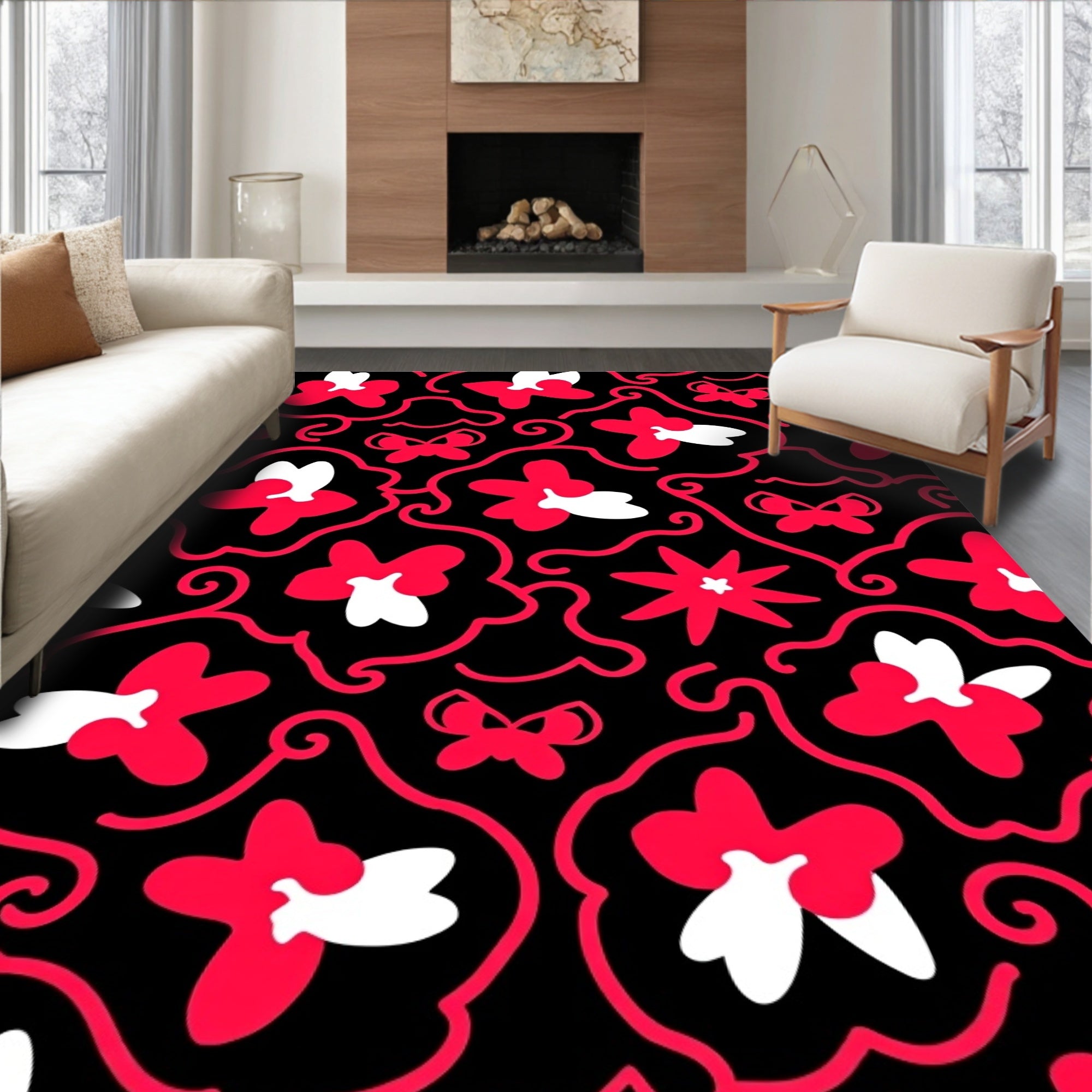 Whimsical Red Floral Butterfly Swirl Rug