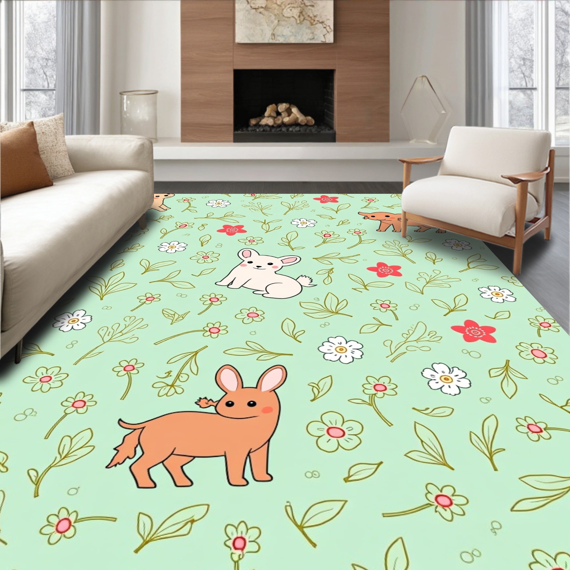 Cute Doggies Floral Garden Mint Rug