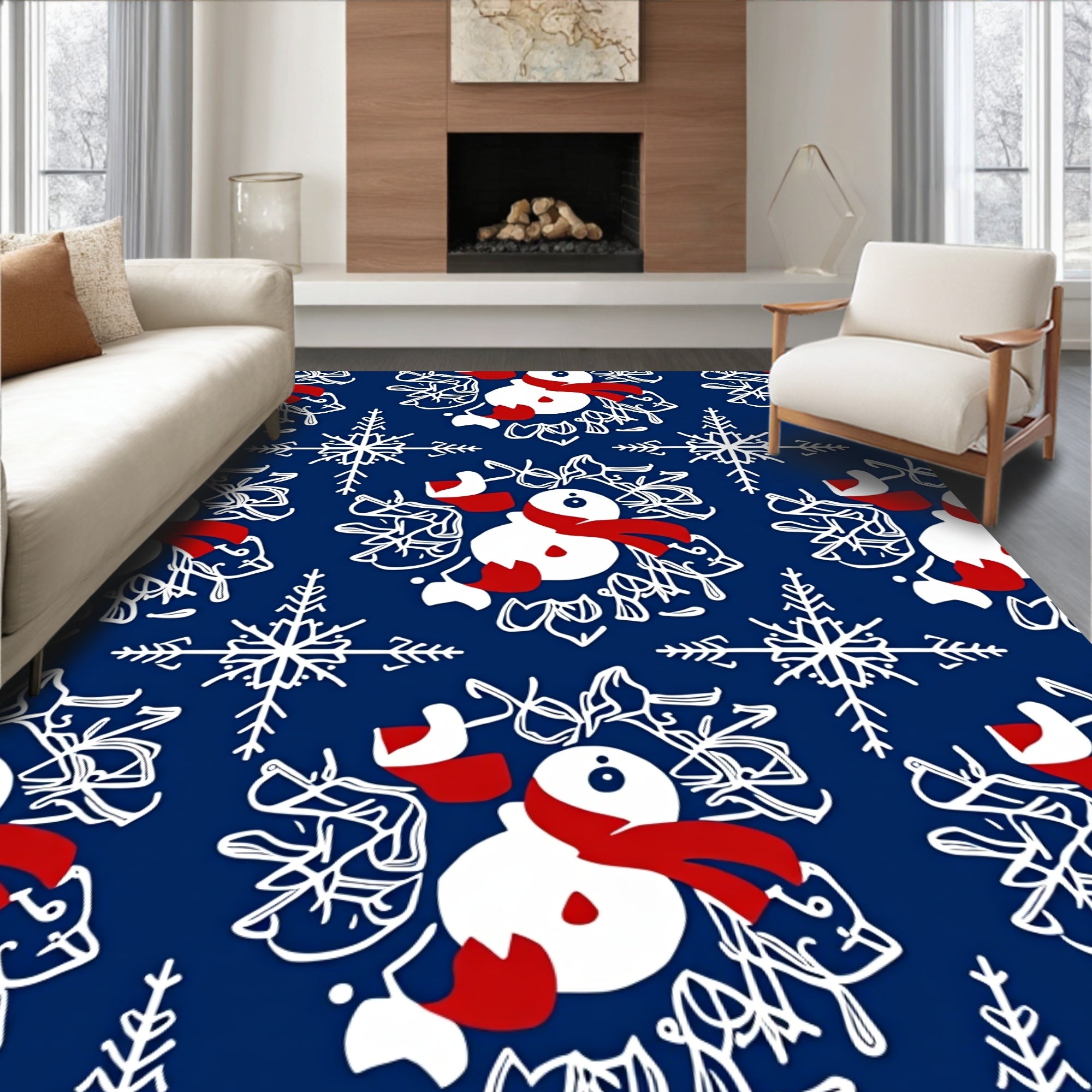 Charming Snowman Snowflake Navy Rug