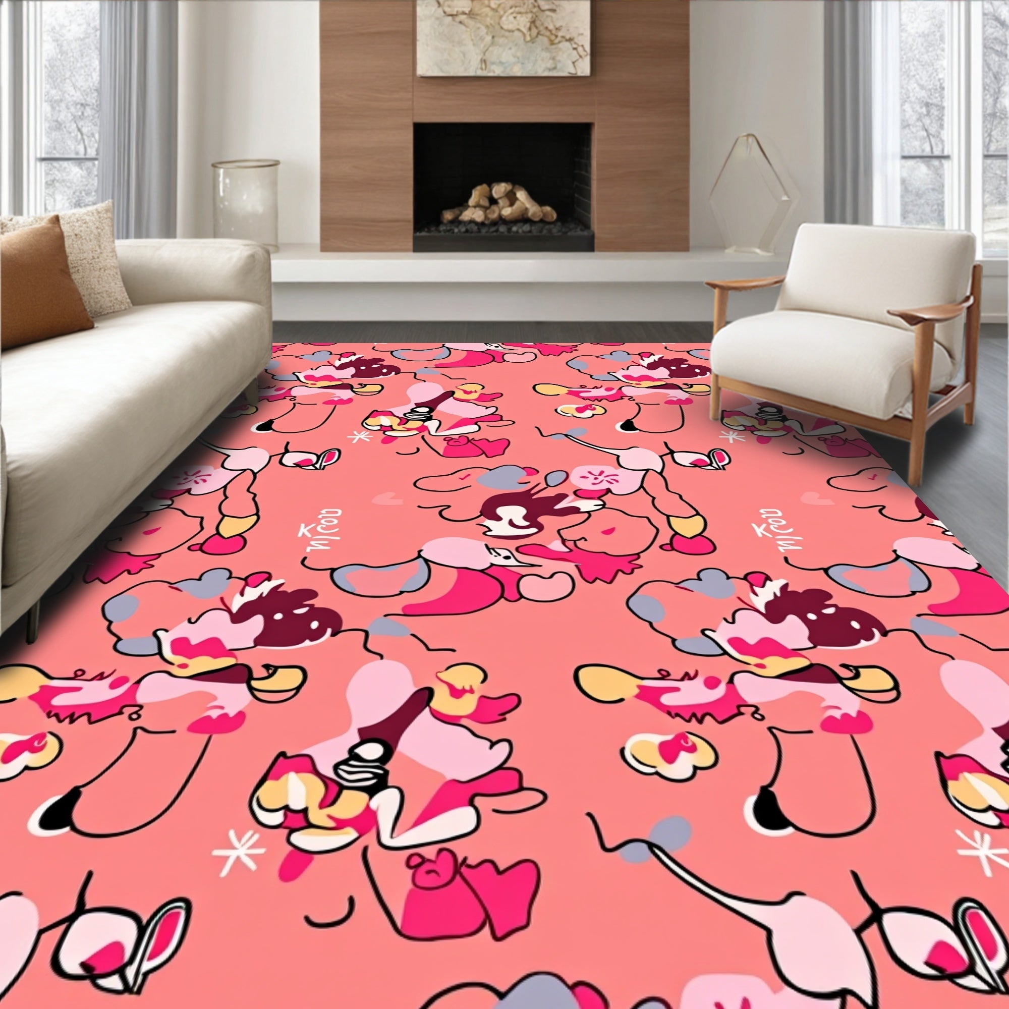 Whimsical Pink Abstract Expressionist Cloud Shapes Rug