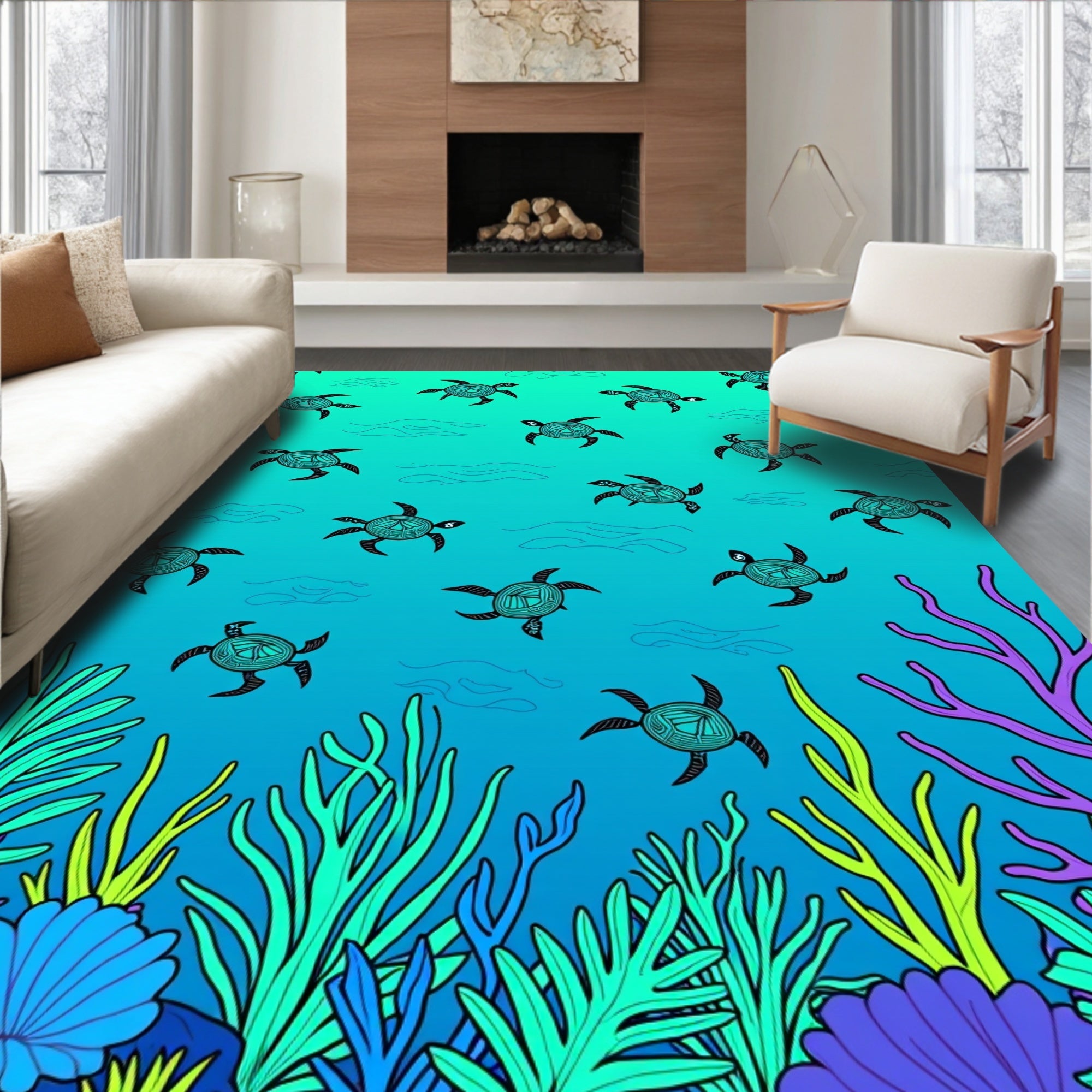 Oceanic Turtle Coral Reef Scene Rug