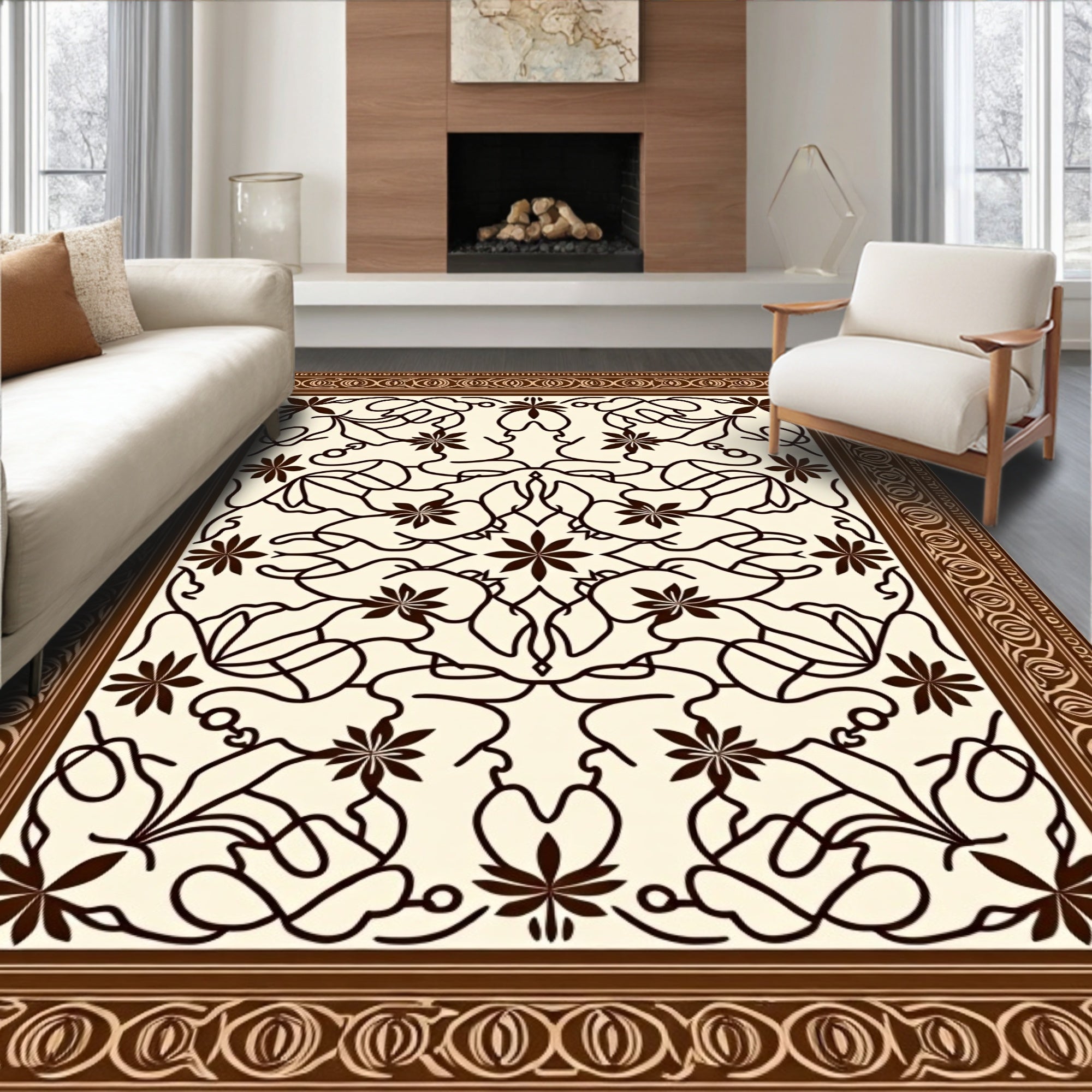 Earthy Brown Floral Scrollwork Medallion Rug