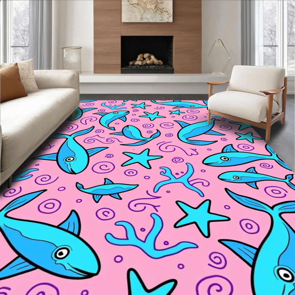 Blue Fish and Starfish Pink Ocean Rug
