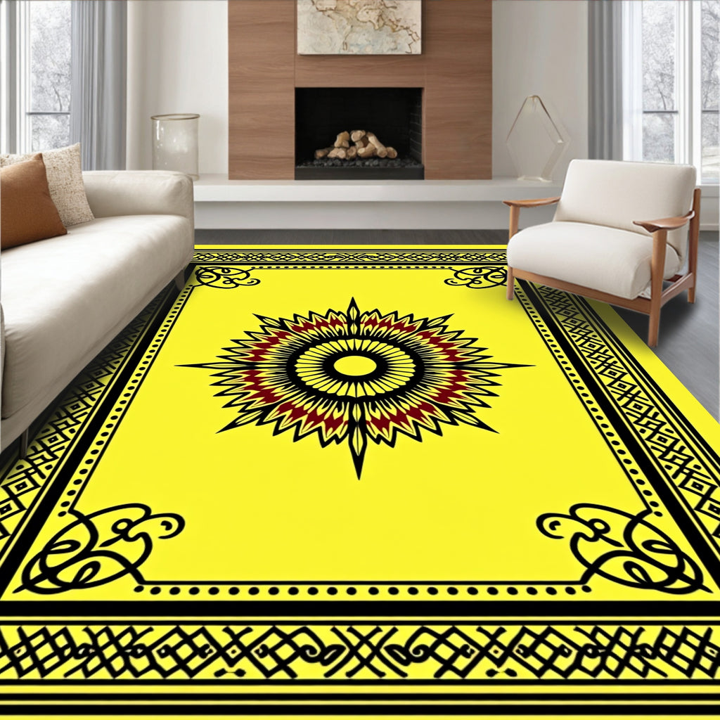Yellow Black Red Sunburst Medallion Border Rug