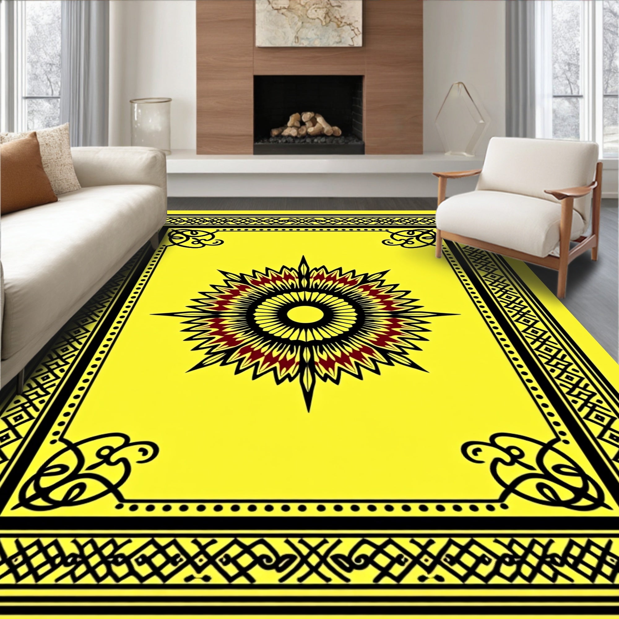 Yellow Black Red Sunburst Medallion Border Rug