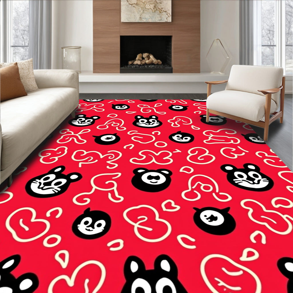 Cute Red Cartoon Animal Faces Rug