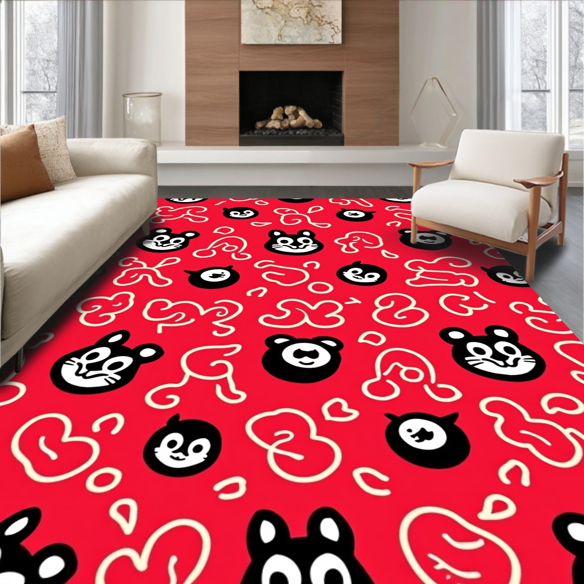 Cute Red Cartoon Animal Faces Rug