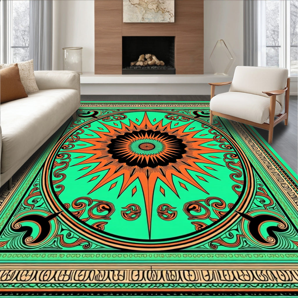 Vibrant Orange Sunburst Mint Mandala Rug
