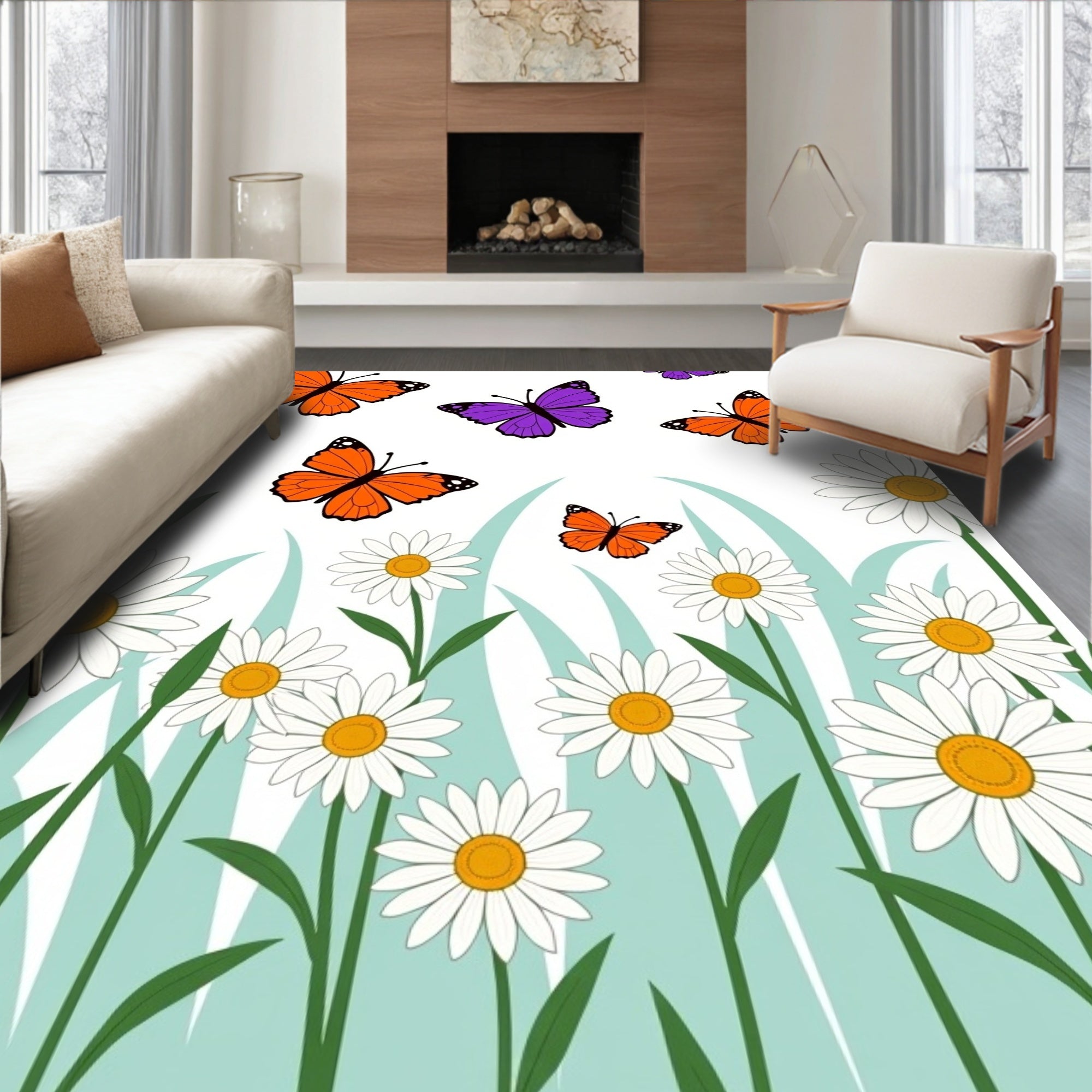 Whimsical Orange Purple Butterfly Garden Rug