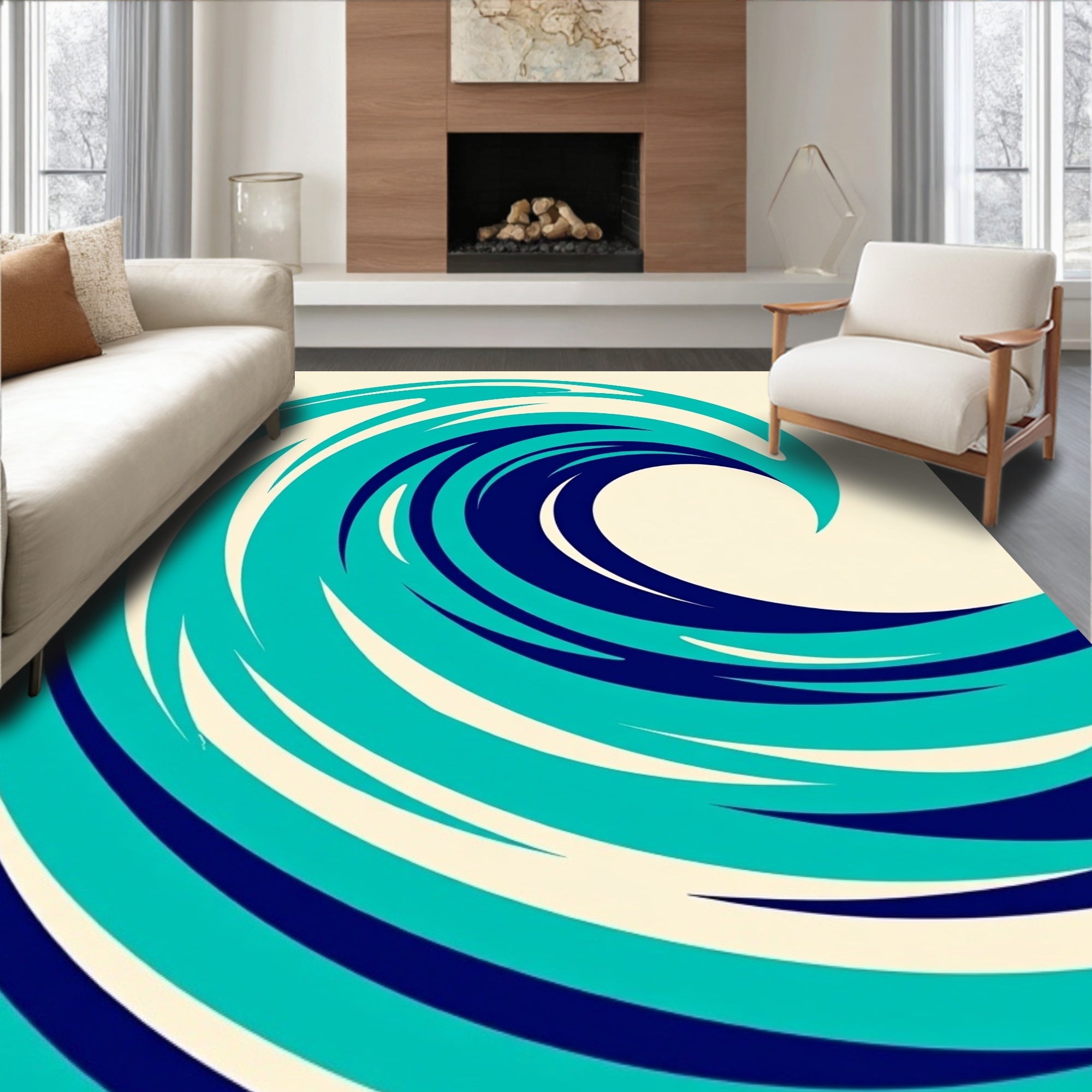Dynamic Teal And Navy Swirl Wave Rug