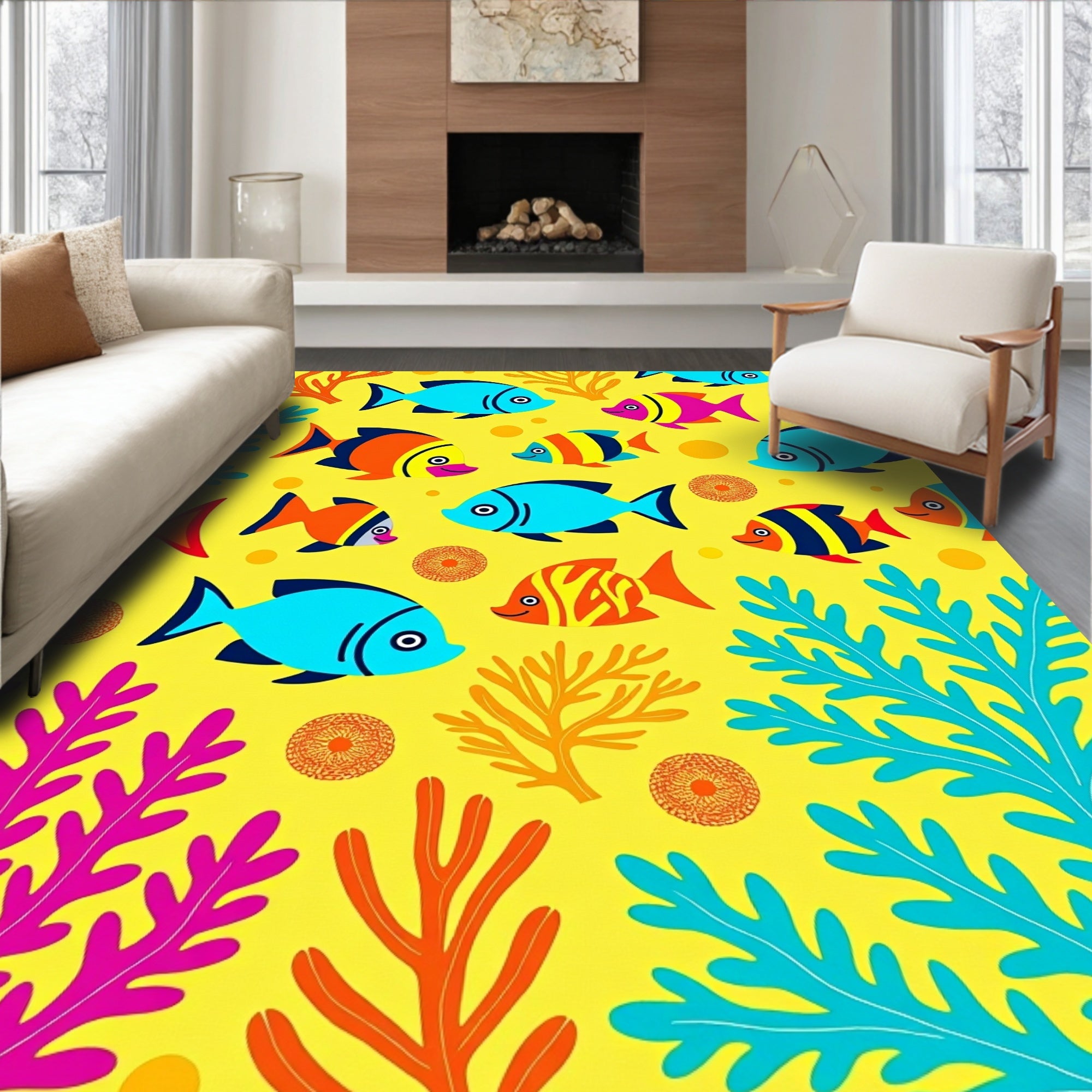 Bright Yellow Tropical Fish Coral Rug