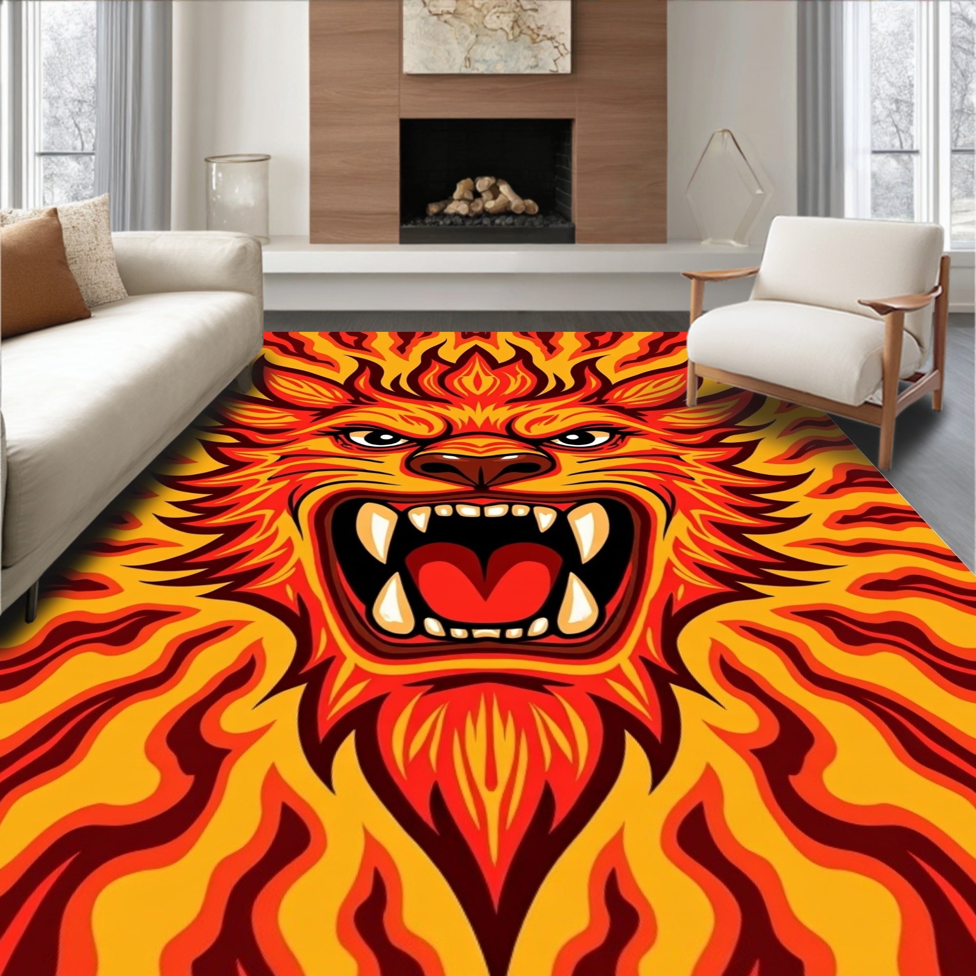 Fiery Roaring Lion Abstract Waves Rug