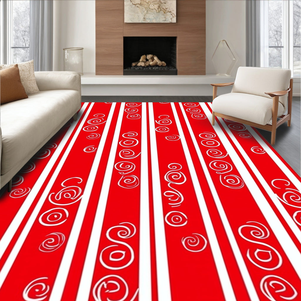 Red White Vertical Stripe Swirl Rug