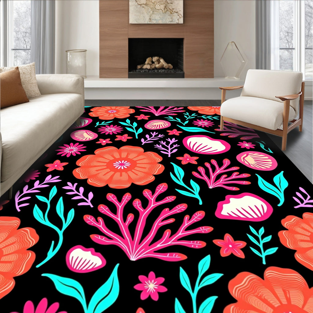 Coral Pink Tropical Flower Bouquet Rug