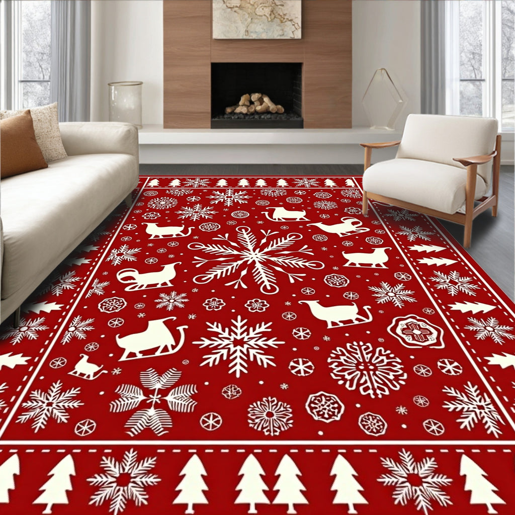 Red White Winter Sleigh Snowflake Trees Rug