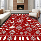 Red White Winter Sleigh Snowflake Trees Rug