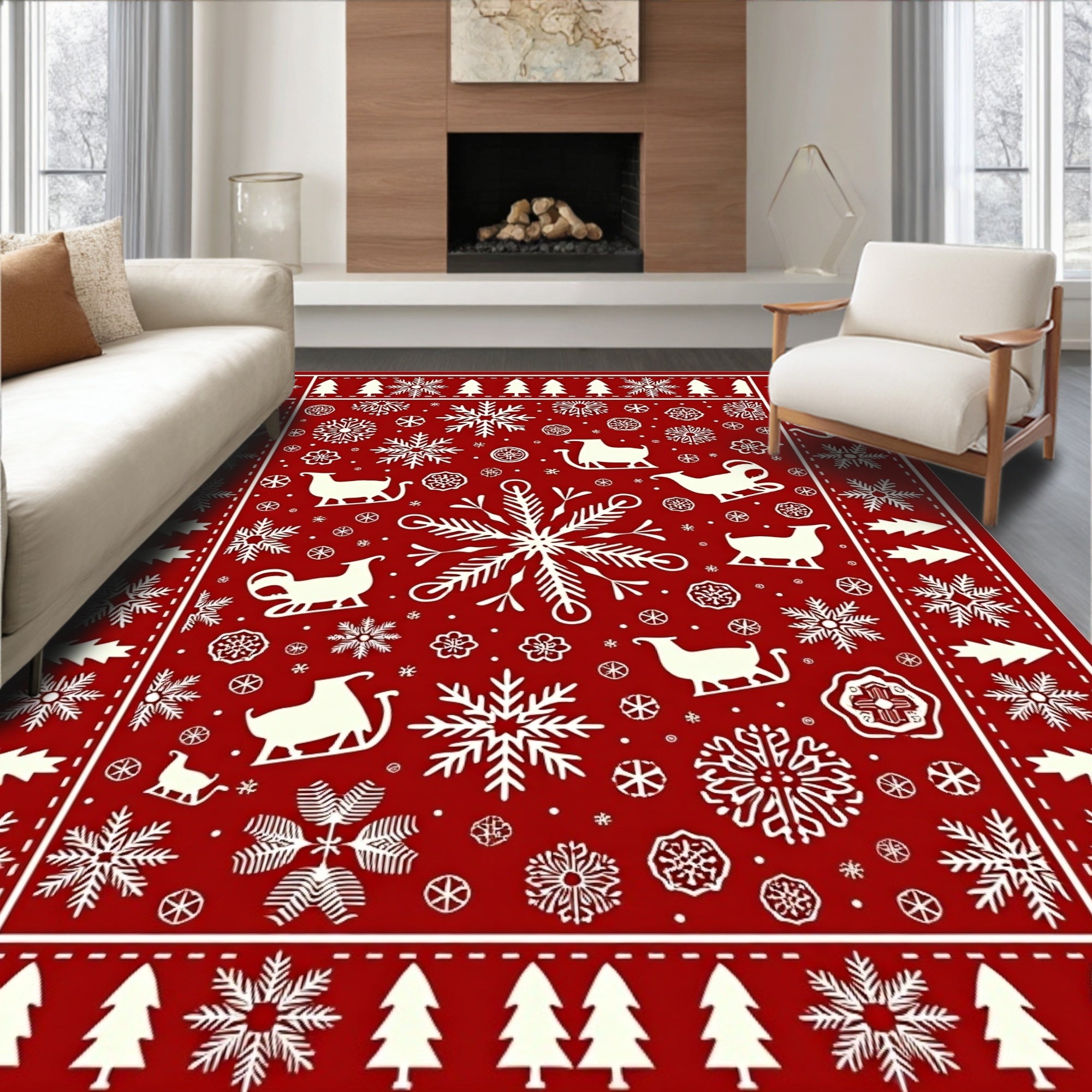 Red White Winter Sleigh Snowflake Trees Rug