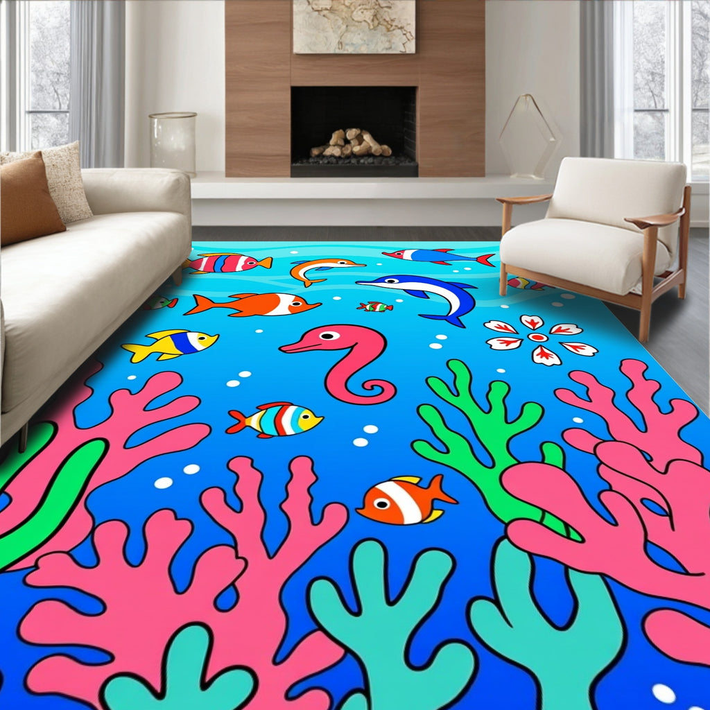 Aqua Sea Life Dolphin Seahorse Coral Rug