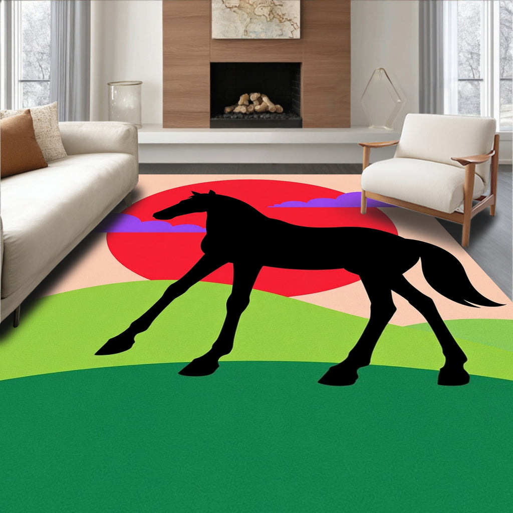 Black Horse Silhouette Red Sun Clouds Rug