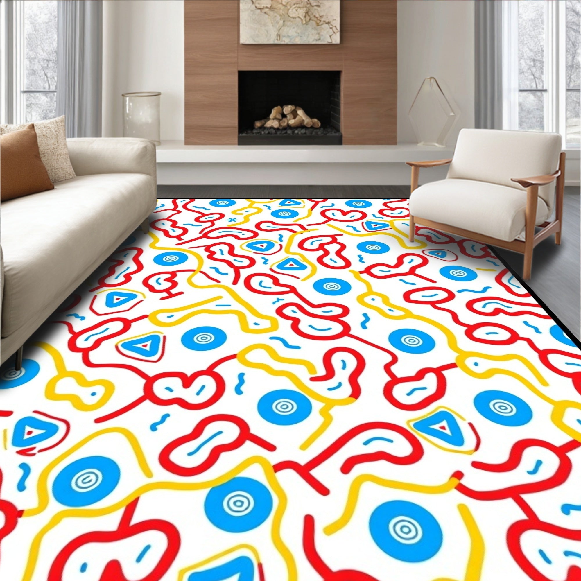 Whimsical Red Yellow Blue Abstract Shapes Rug