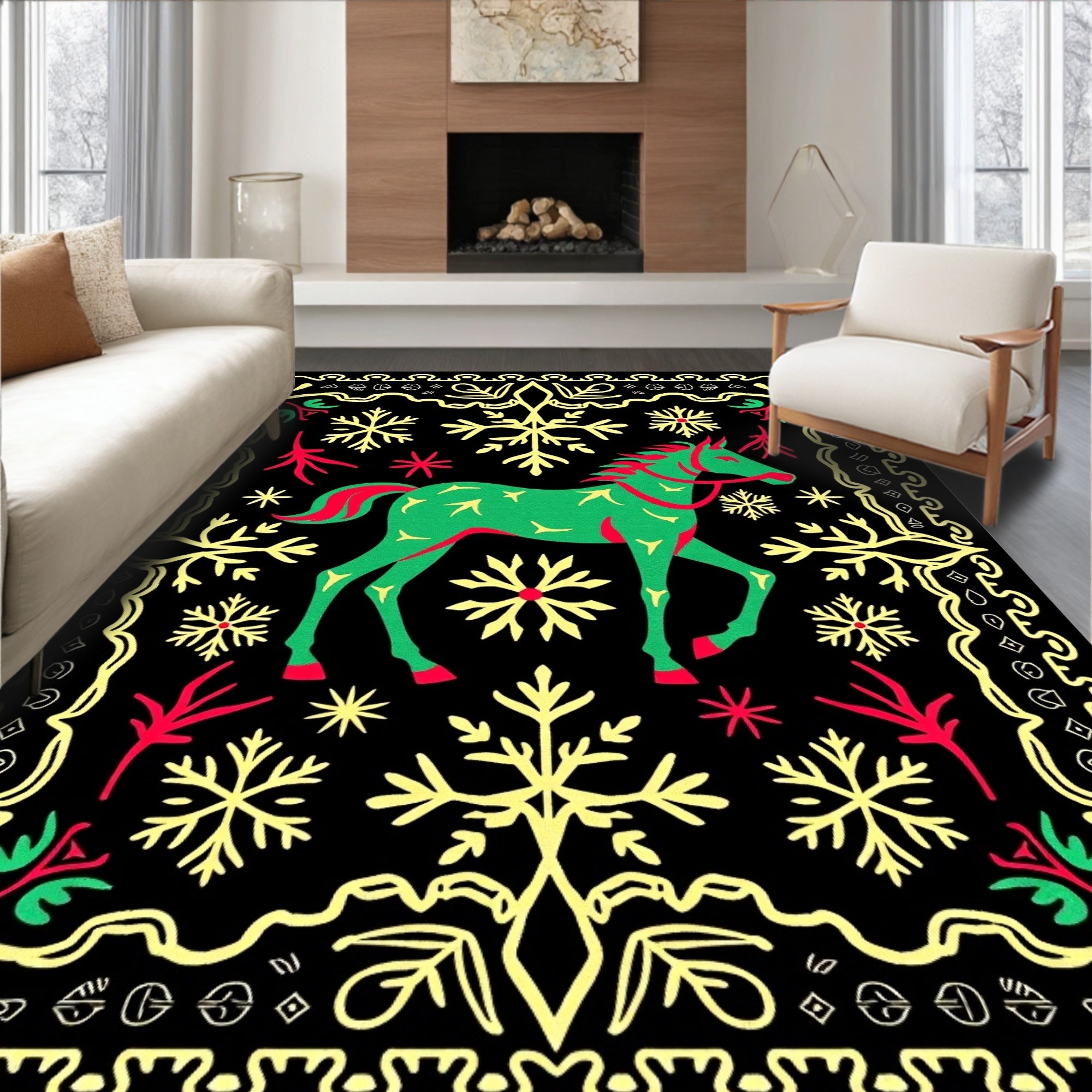 Emerald Green Horse Snowflake Border Rug