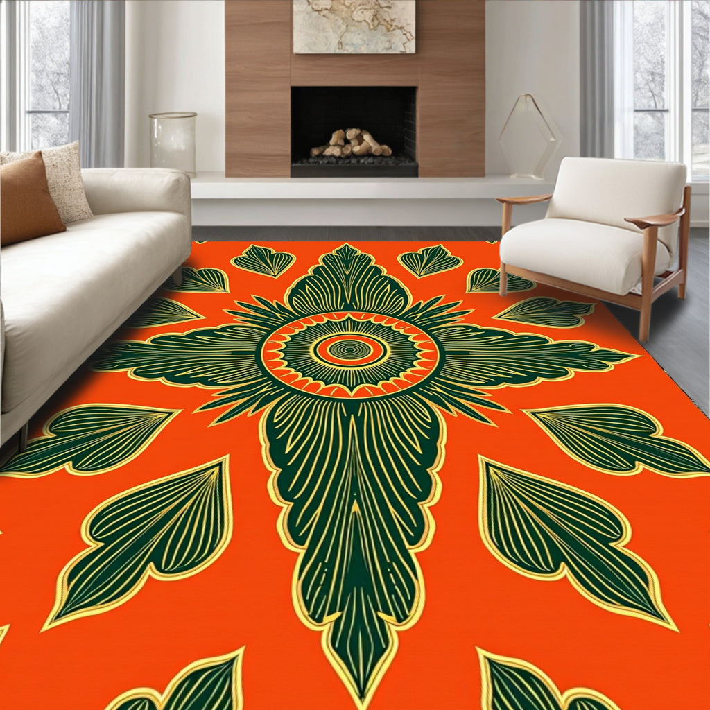 Orange Tropical Leaf Sunburst Medallion Rug
