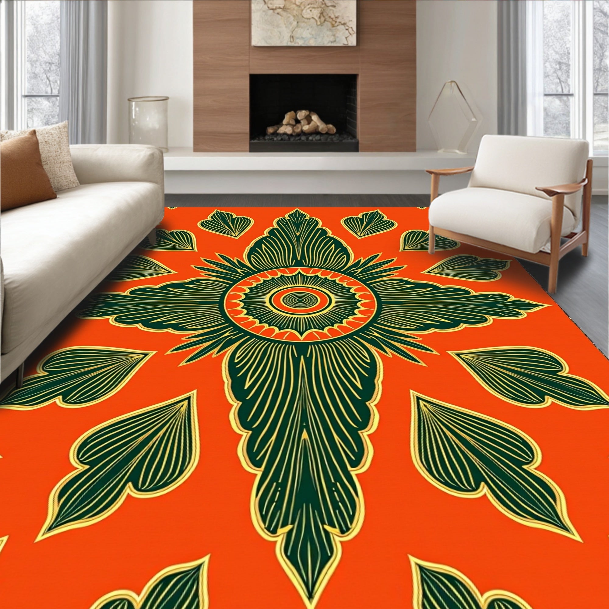Orange Tropical Leaf Sunburst Medallion Rug